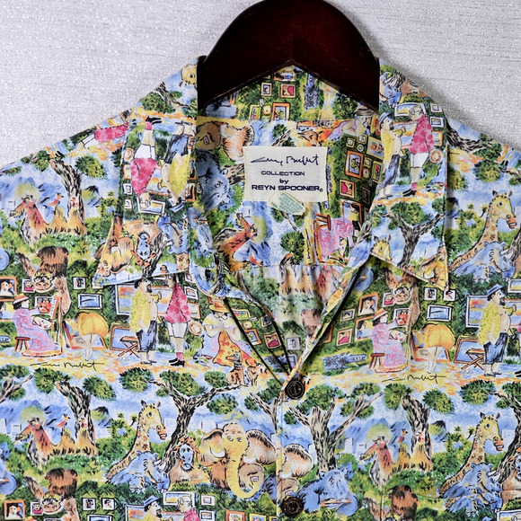 Reyn Spooner Guy Buffet Hawaiian Shirt Artists At The Zoo Size Large Vintage - Picture 4 of 9